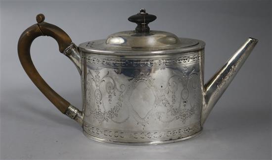 A George III silver oval teapot, Thomas Oliphant, London, 1789, gross 11 oz.